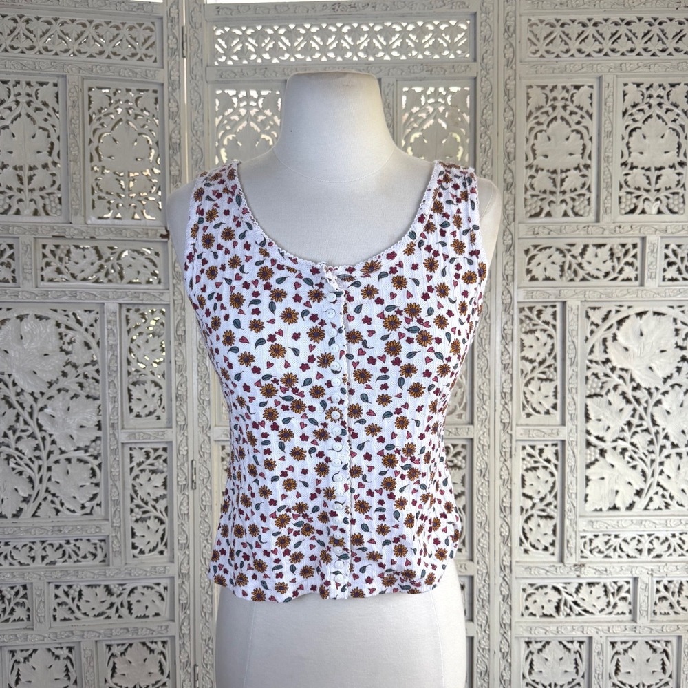 Vtg 80's 90's Cottage Floral Tank Top Faux Buttons Sz L Fits M Hearts Coquette
